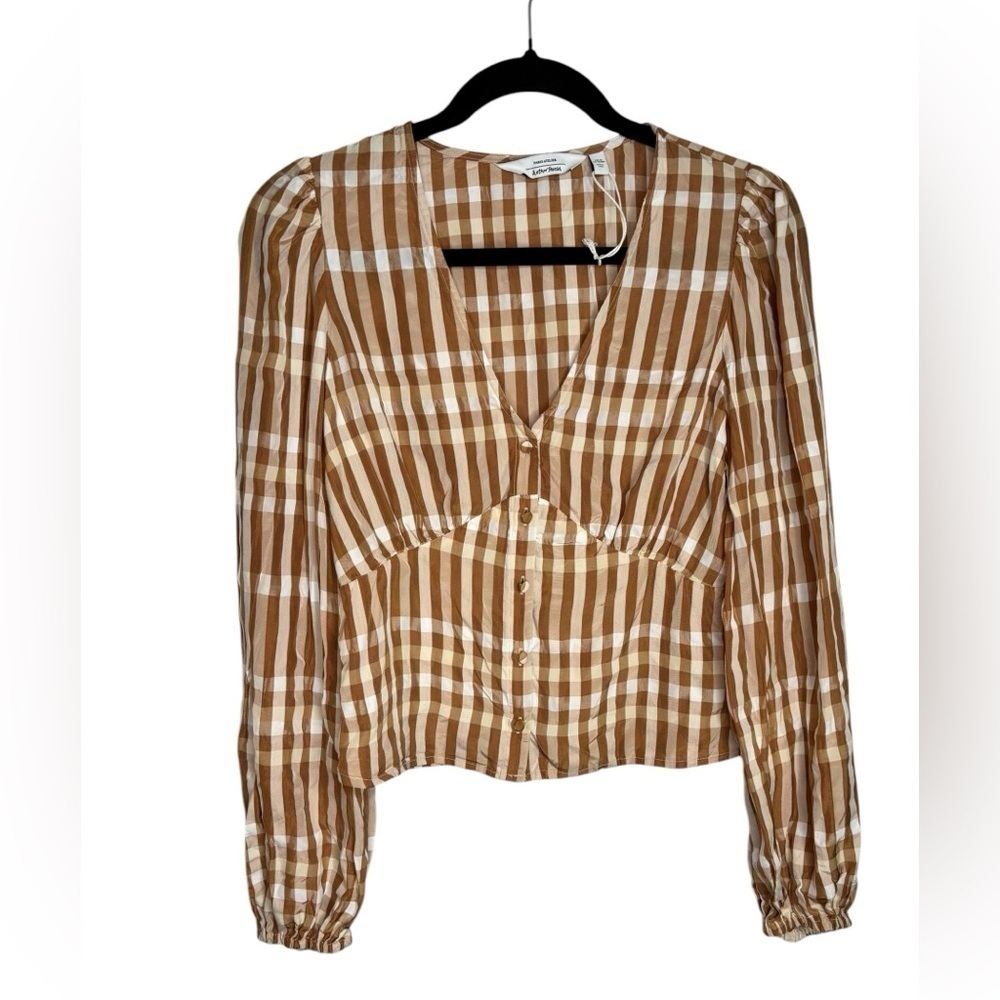 NWOT & Other Stories Plaid Gingham Print V-Neck Empire Waist Blouse Small EU 38